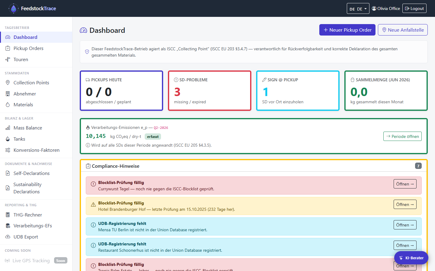 FeedstockTrace Betriebs-Dashboard
